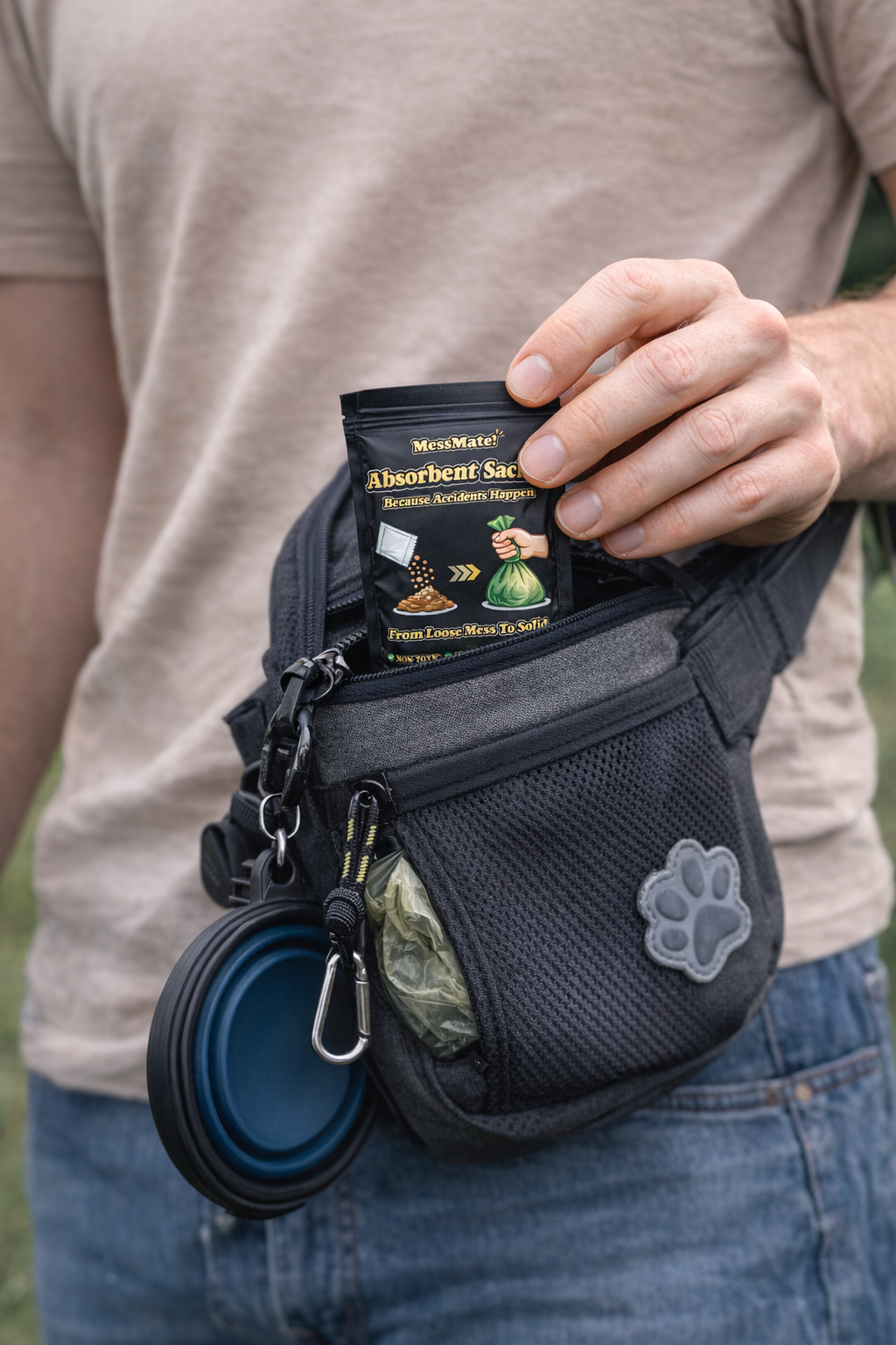 Person holding a MessMate absorbent sachet with a black waist bag featuring a paw print design.
