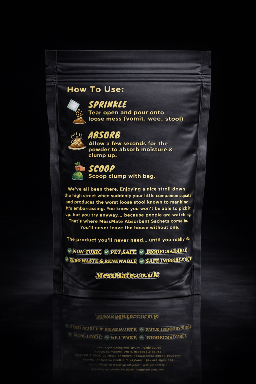 MessMate Black bag with text instructions on a black background Absorbent sachet