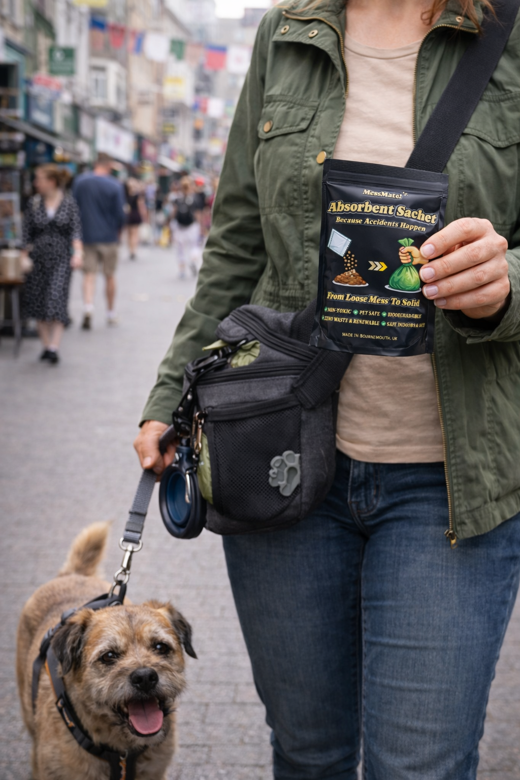 Person walking a dog on a leash in an urban setting, holding a mess mate absorbent sachet