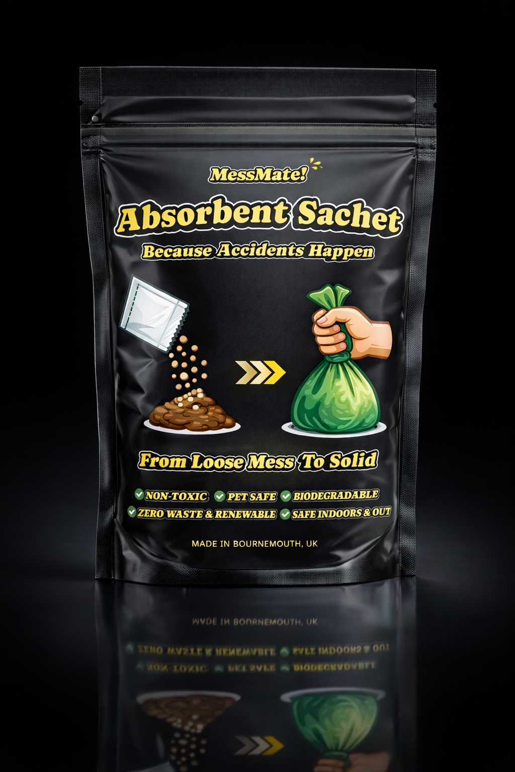 Absorbent sachet packaging with branding and product features on a black background